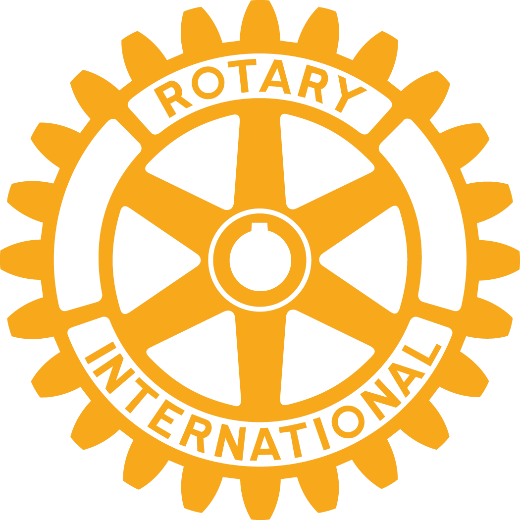 Rotary International logo, golden gear with text.